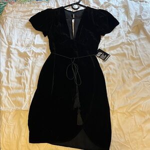 Black Velvet Short Sleeve Dress with Tassel Tie